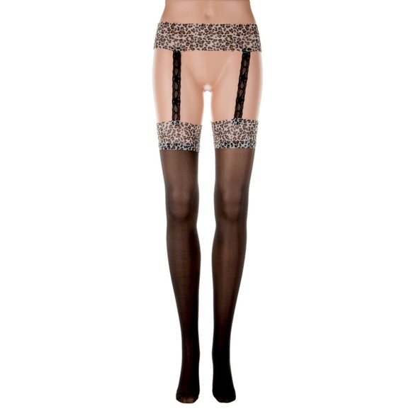Leopard Top Black Garter Look thigh high Stockings NEW - Picture 5 of 6